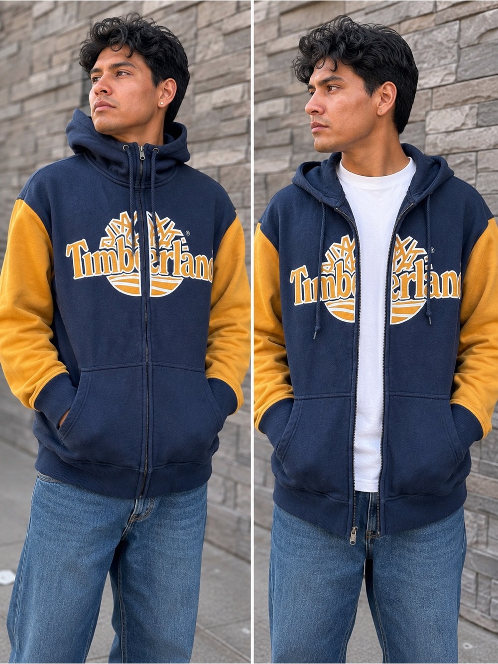 Timberland Men’s XL Full Zip Hoodie Navy Mustard Logo Colorblock Sweatshirt